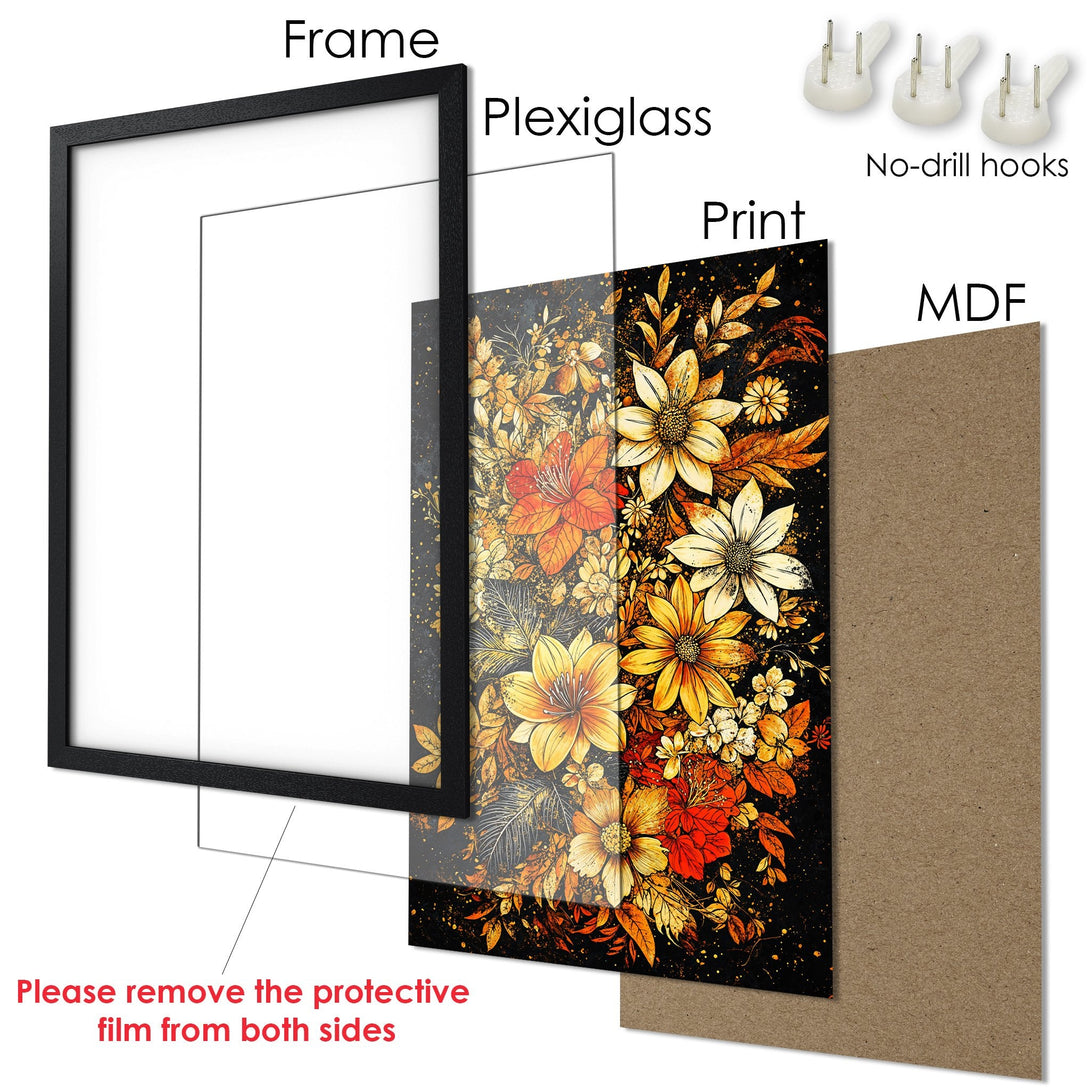 Framed Poster featuring a floral design in warm, autumnal colors. Perfect art for your home decor!
