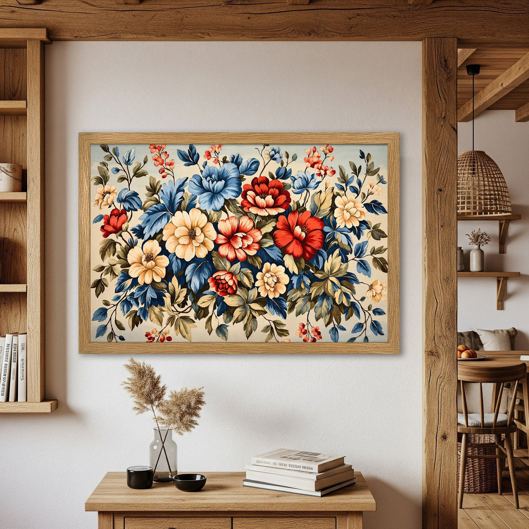 Framed Poster of vibrant floral art. Features a vintage style with a warm color palette of red, blue, and yellow. Perfect wall decor!
