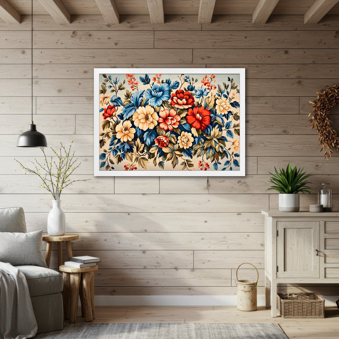 Framed Poster featuring vibrant floral art in a vintage style. Warm, inviting color palette of red, blue, and yellow. Perfect wall decor!