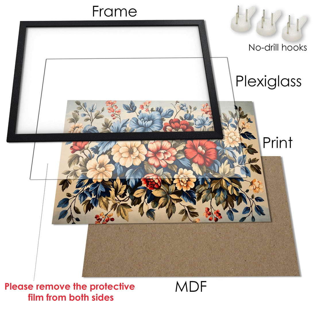 Framed Poster featuring a floral design in vintage style, with a warm, inviting color palette. Perfect wall art for your home!
