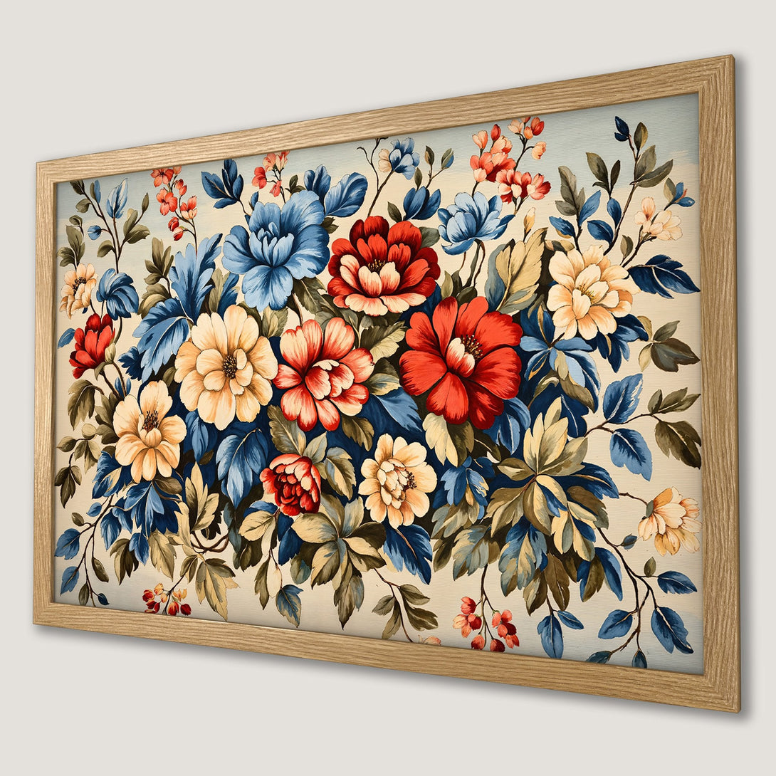 Framed Poster featuring vibrant floral art in red, blue, and yellow hues. Perfect wall decor!