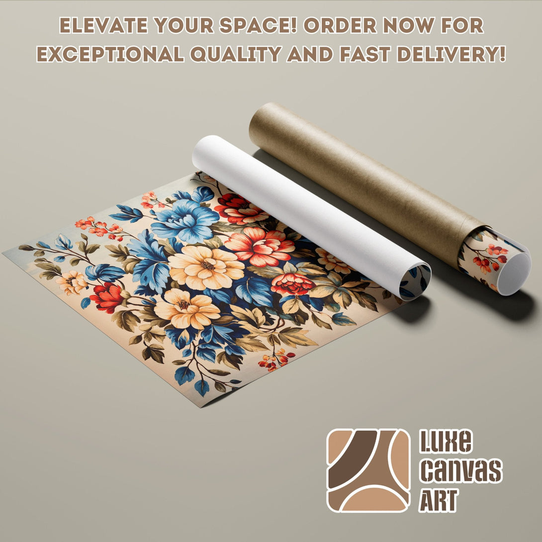 Floral Poster Roll with blue, red, and cream color palette. Vintage style art print for home decor.