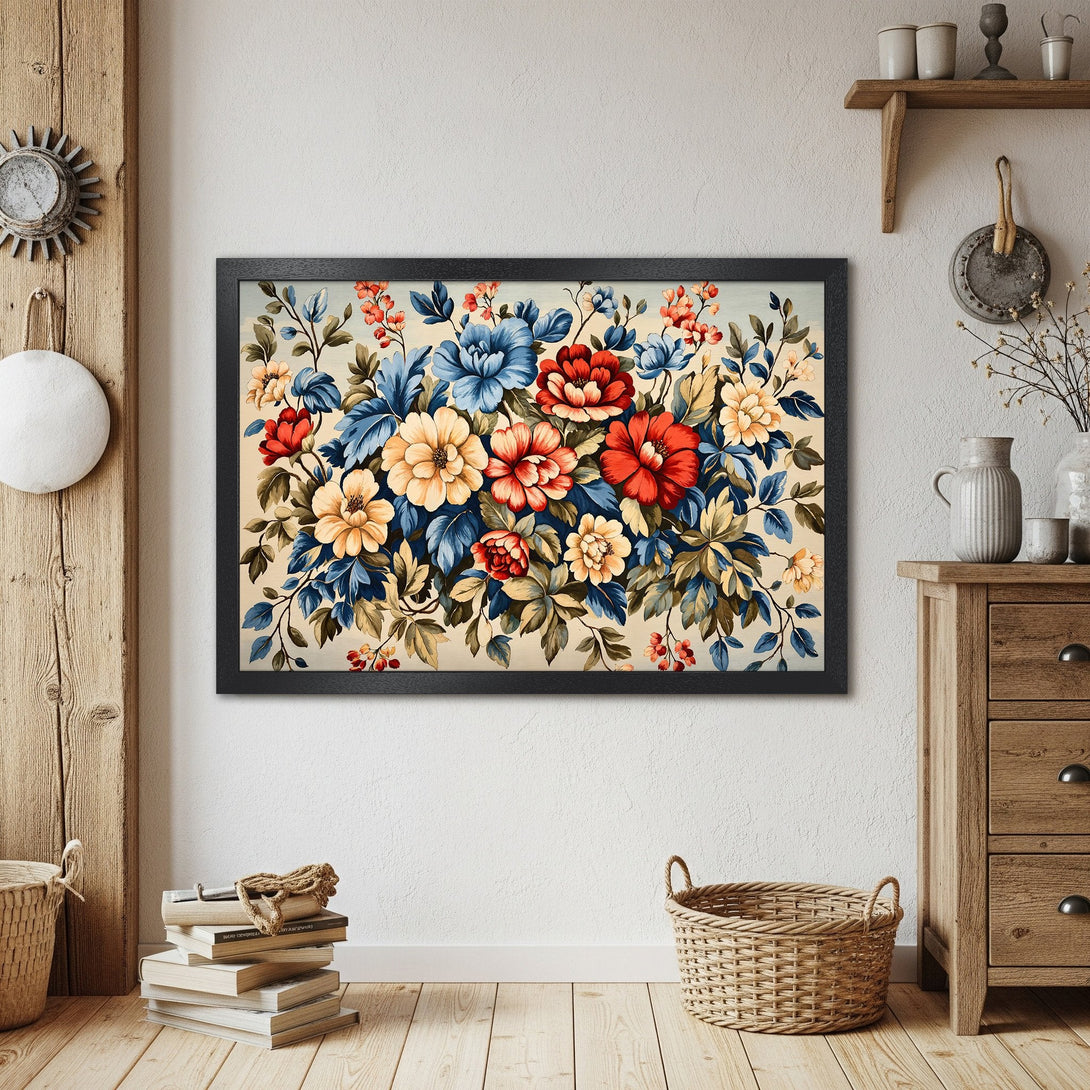 Framed Poster featuring vibrant floral art in red, blue, and yellow. Perfect wall decor for any room.