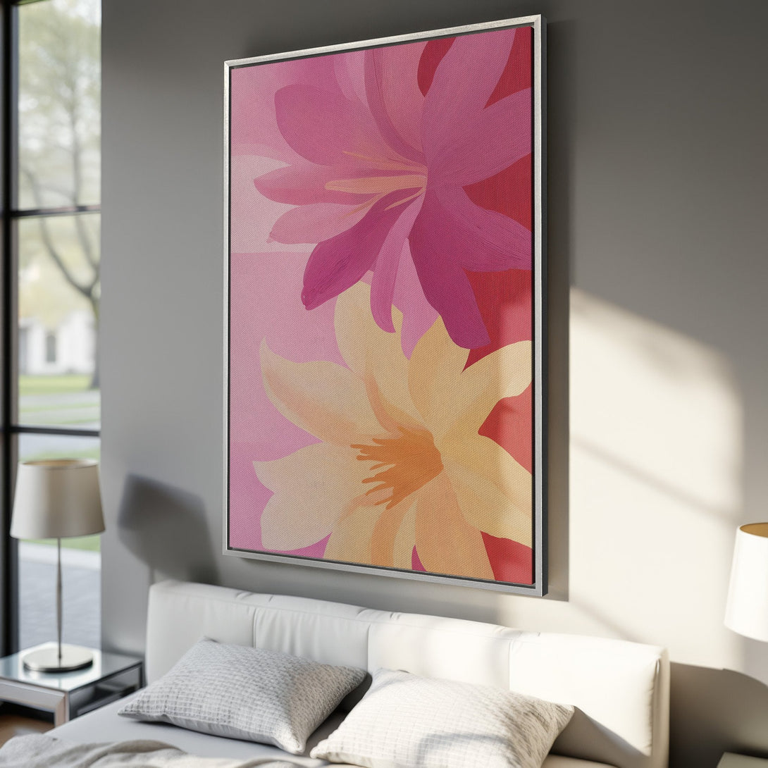 Framed Wall Art: Abstract floral canvas print in pink and yellow hues. Modern art for bedroom decor. Enhance your space with this vibrant artwork.
