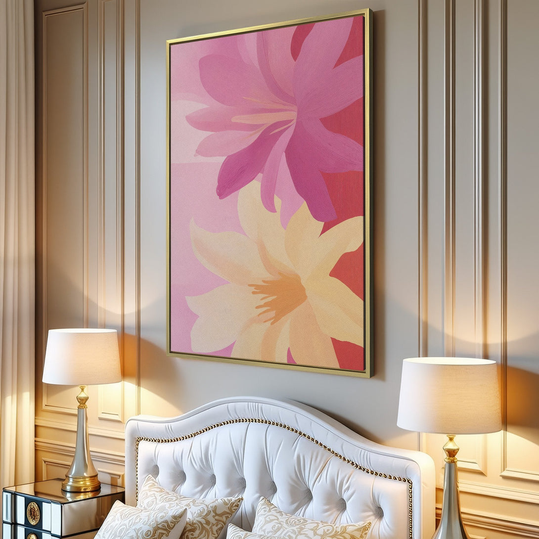 Canvas Print of abstract floral art in pink and yellow hues, perfect for modern home decor. Adds a touch of elegance.