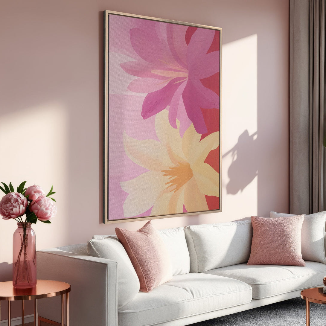 Framed Wall Art featuring abstract floral art in pink and yellow hues. Modern Canvas Print adds a touch of elegance to any interior.