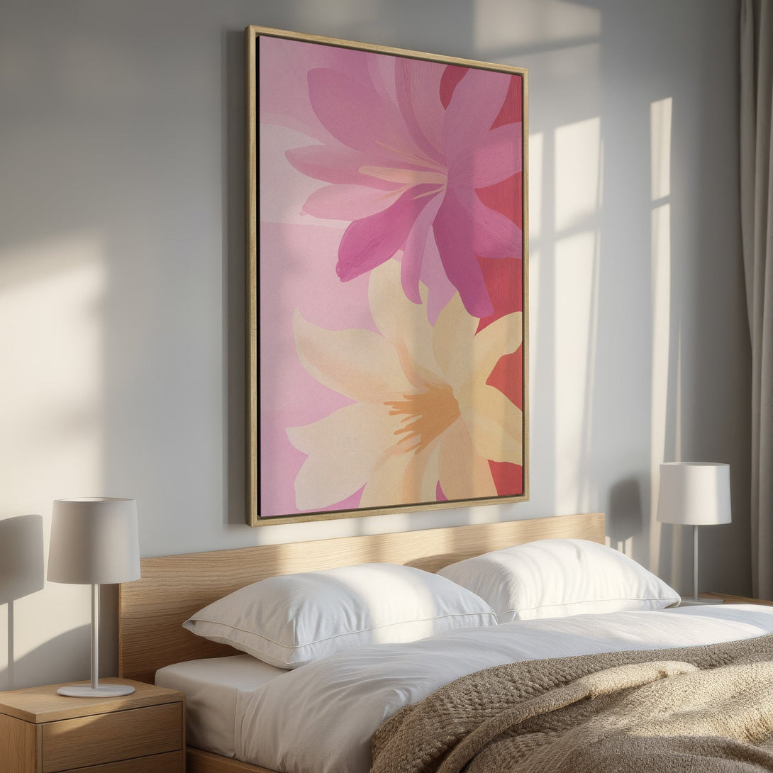 Framed Wall Art featuring abstract floral art in pinks, yellows, and reds. Modern canvas print perfect for bedroom decor, adding a touch of elegance.
