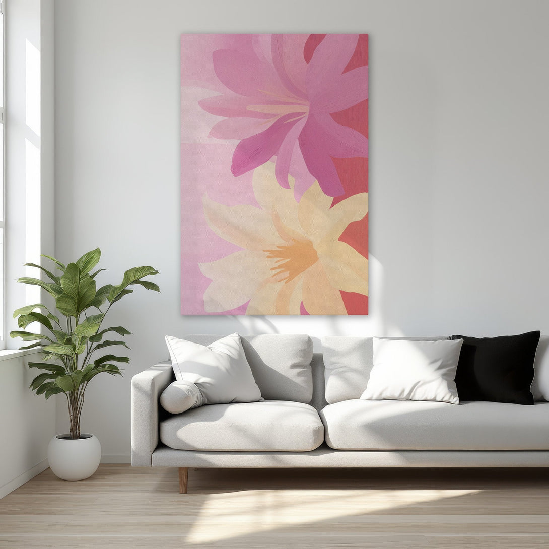 Framed Wall Art featuring abstract floral design in pink and peach hues. Perfect for bedroom decor, adding a touch of modern art.