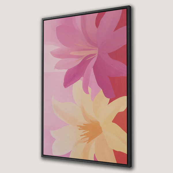 Framed Wall Art featuring abstract floral art in pink, red, and yellow hues. Modern canvas print perfect for adding a pop of color to any space.