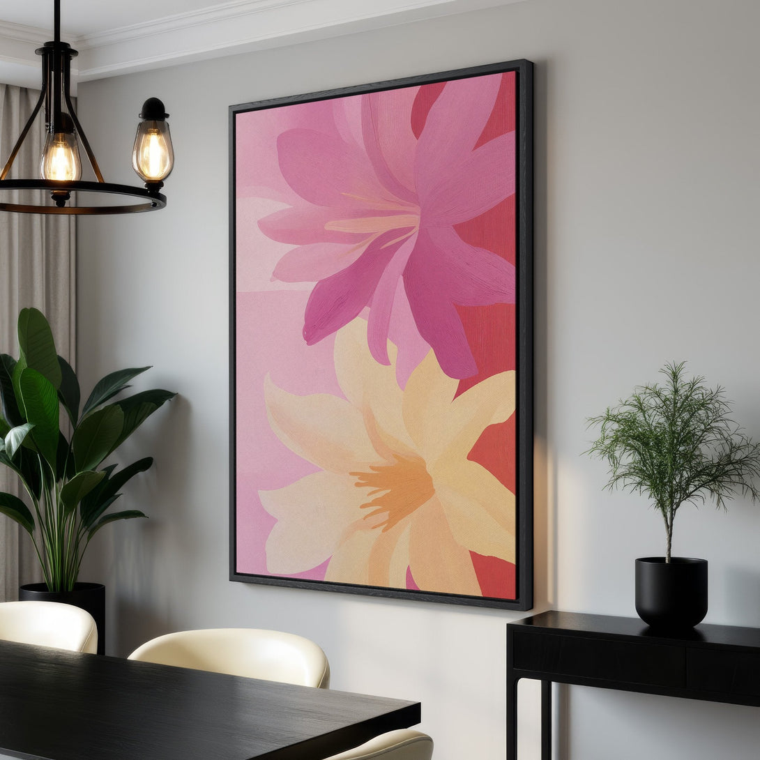 Framed Wall Art featuring abstract floral art in pink and yellow hues. Modern canvas print adds a pop of color to any interior. Shop now!