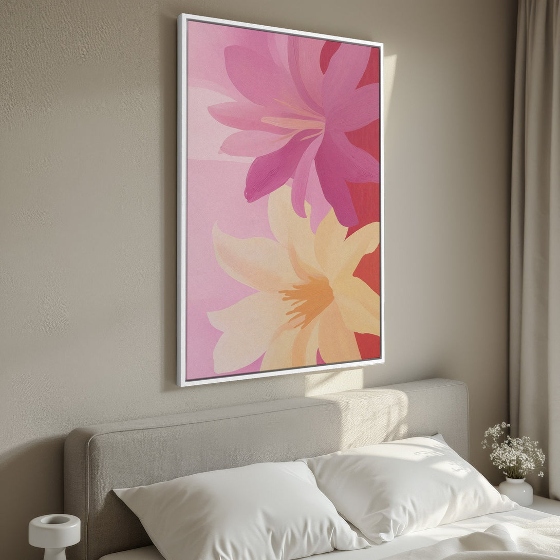 Framed Wall Art featuring abstract floral art in pink and yellow hues. Modern canvas print perfect for bedroom decor.