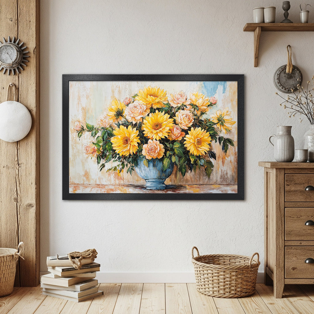 Framed Poster of vibrant yellow and peach floral arrangement, impressionistic style, against a warm beige and blue backdrop.