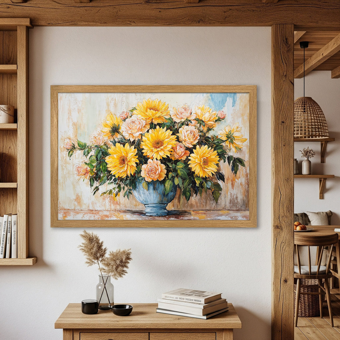 Framed Poster featuring a floral still life painting in a warm, yellow and peach color palette. Perfect wall art!