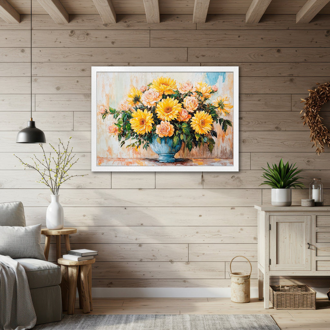 Framed Poster featuring a floral still life painting in warm yellow and peach tones. Perfect wall art for a cozy home!