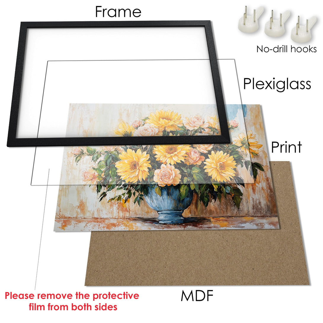Framed Poster of floral still life in warm tones. Features yellow sunflowers & roses in a blue vase. Elegant art for your home.