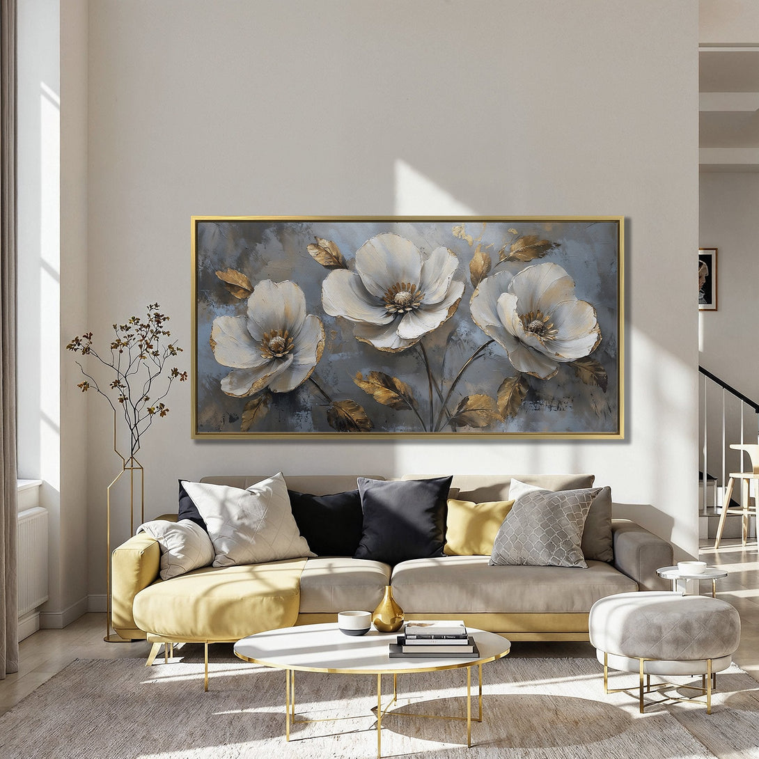Canvas Print: Elegant floral artwork in neutral tones with gold accents. Perfect for adding a touch of sophistication to any space. Shop now!