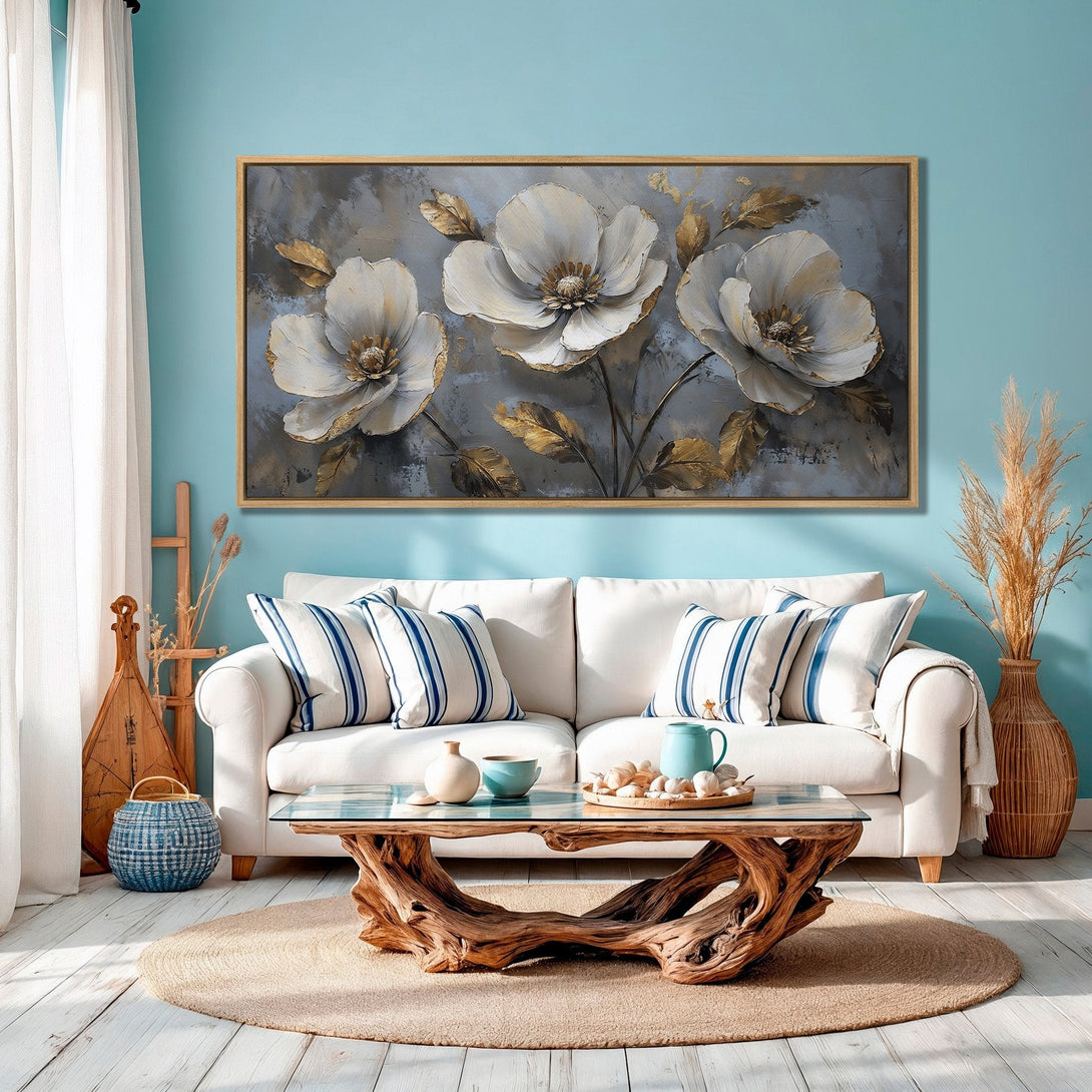Framed Wall Art: Elegant floral canvas print in neutral and gold tones. Adds a touch of sophistication to any space.