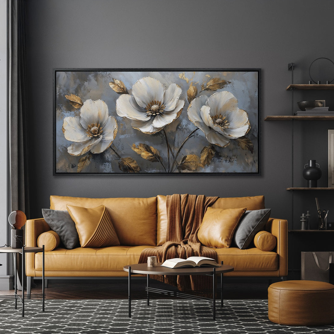 Framed Wall Art: Stunning floral Canvas Print in a modern style with a neutral, gold, and gray color palette. Perfect for living room decor.