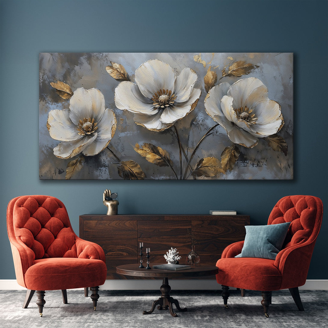 Framed Wall Art: Elegant floral canvas print in neutral tones with gold accents. Perfect for adding a touch of luxury to your living room.