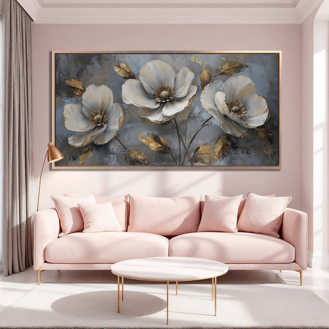 Framed Wall Art: Elegant floral canvas print in neutral tones. Perfect for living room decor. Features white flowers, gold accents, and a soft color palette.
