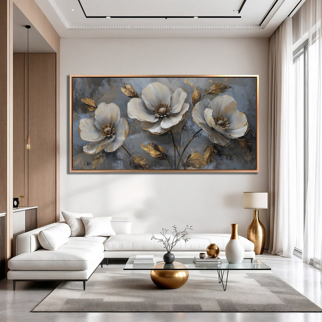Framed Wall Art: Elegant floral painting in neutral tones with gold accents. Modern decor featuring white flowers against a gray backdrop, perfect for any interior.