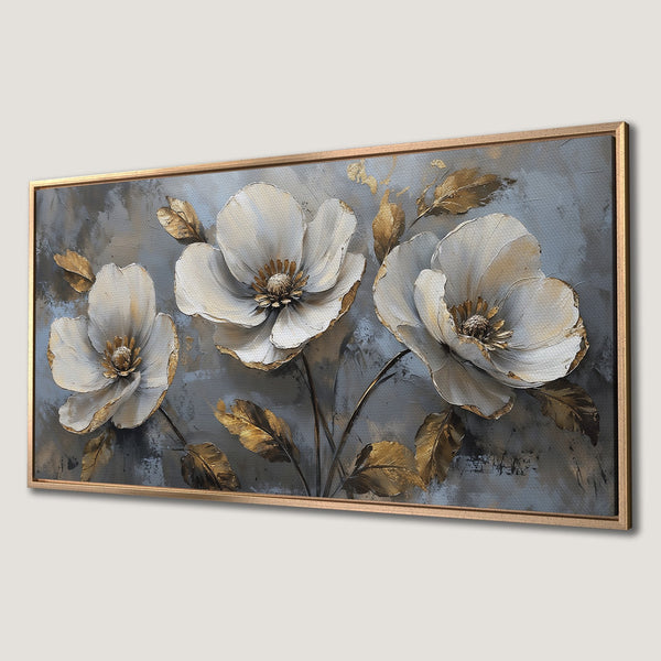 Framed Wall Art featuring elegant white floral design with gold accents on a textured, gray background. Modern canvas print for stylish home decor.