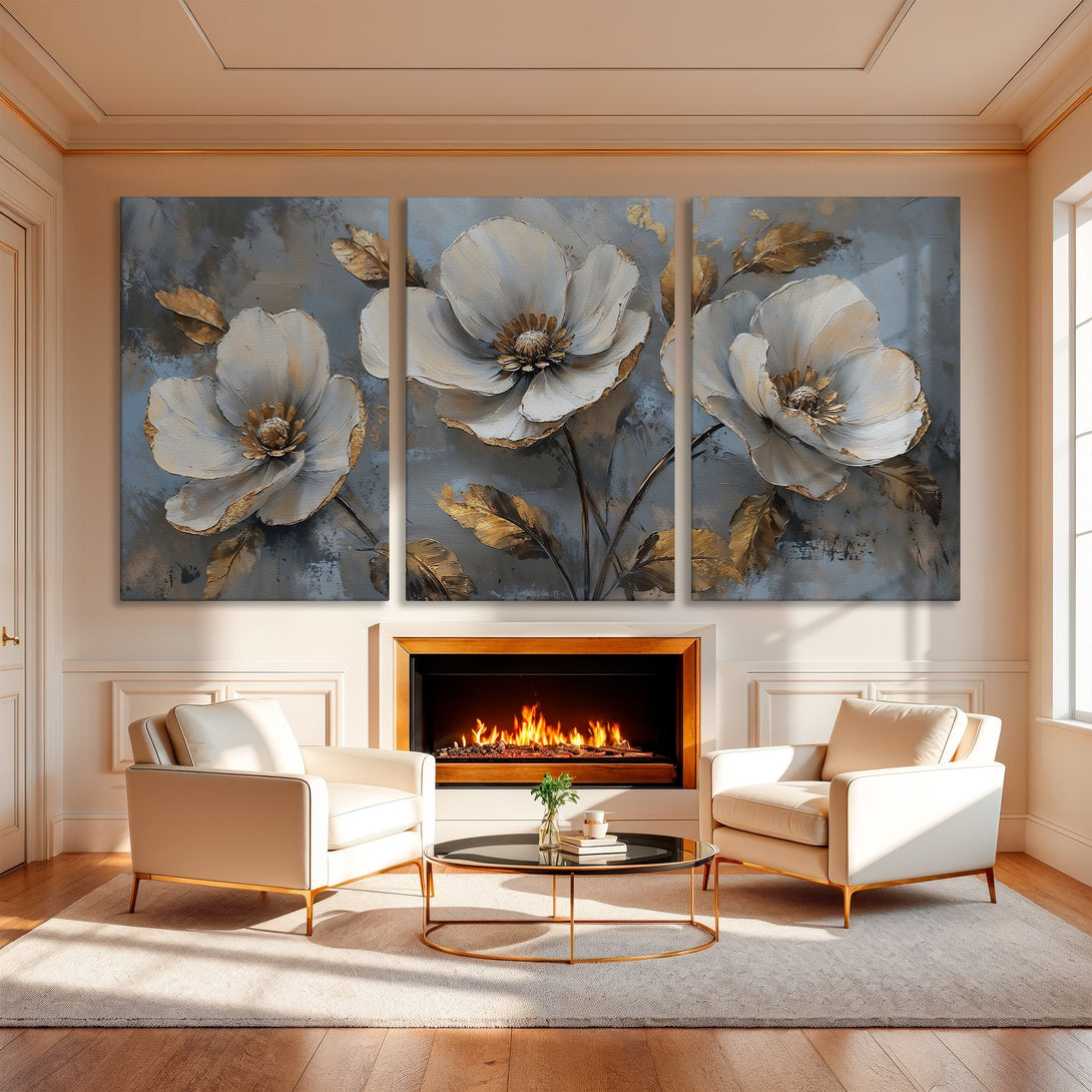 Elegant Canvas Print triptych featuring white floral art with gold accents, displayed in a stylish interior with neutral color palette. Perfect wall decor!