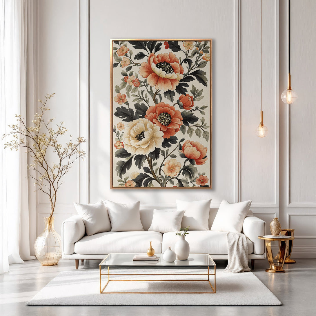 Framed Wall Art featuring a floral design in warm orange and cream tones, adding elegance to a modern living room.