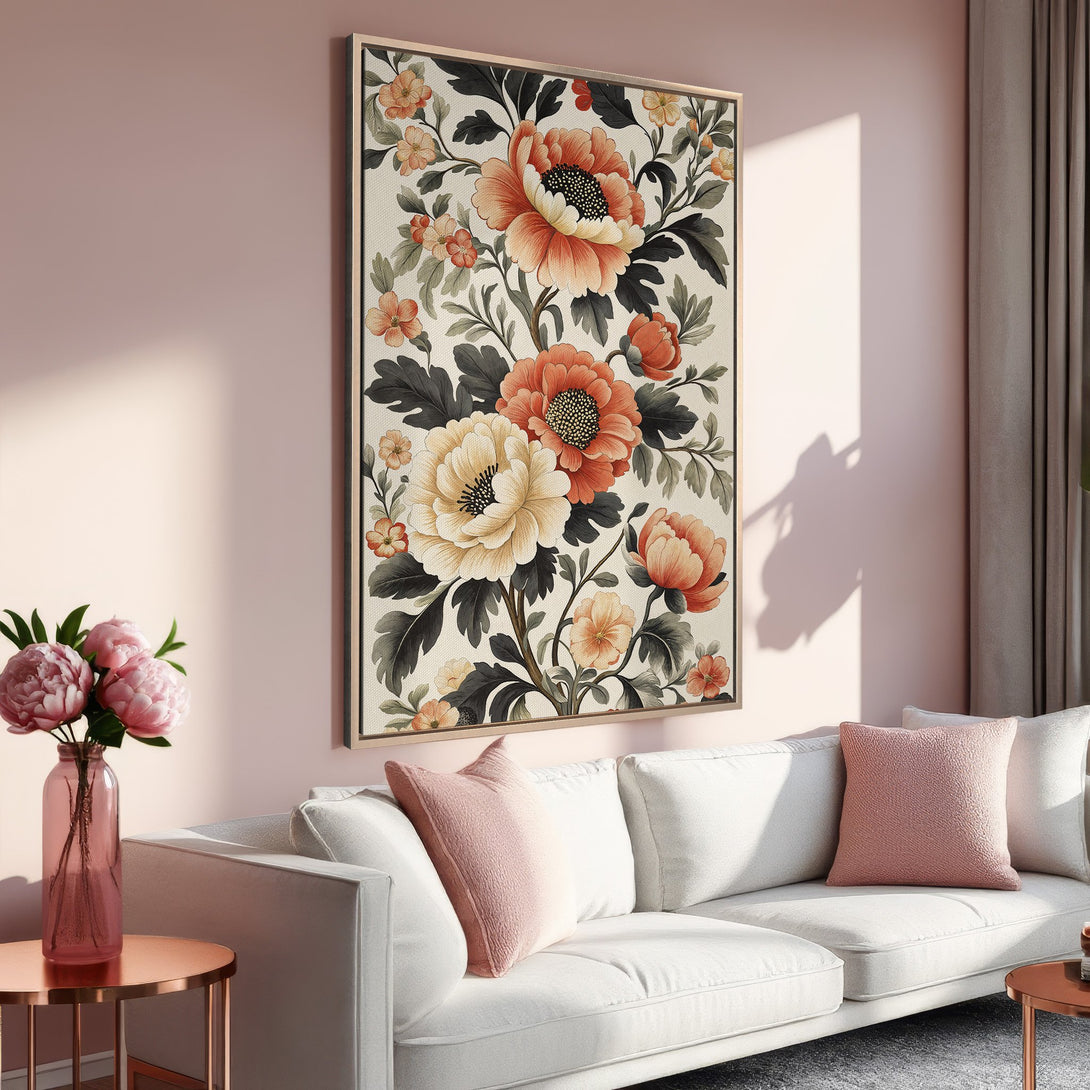 Framed Wall Art featuring a floral botanical print in warm peach and cream tones. Perfect for adding a touch of elegance to your living room.