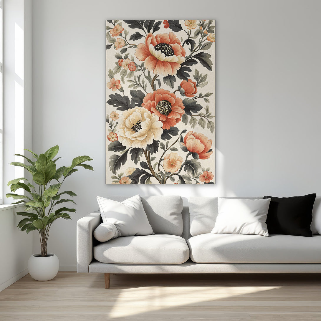 Framed Wall Art featuring a floral design in warm orange and cream tones. Elegant, classic style canvas print perfect for bedroom decor.