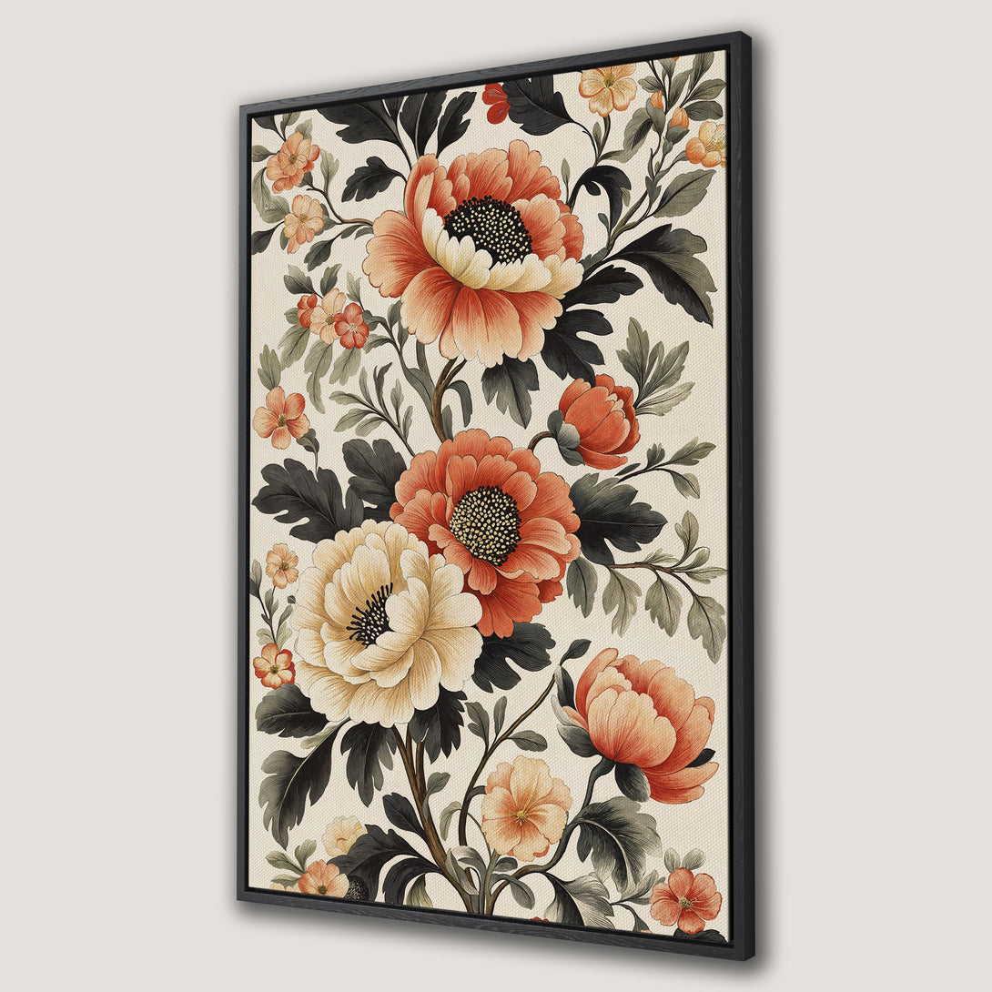Framed Wall Art featuring a vintage floral design with peonies in warm peach and cream tones. Perfect for adding elegance to any space.