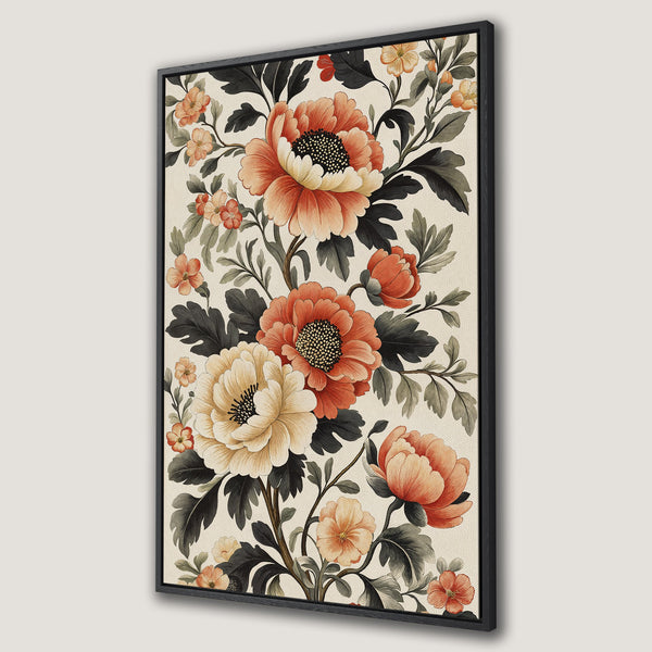 Framed Wall Art featuring a vintage floral design with peonies in warm peach and cream tones. Perfect for adding elegance to any space.