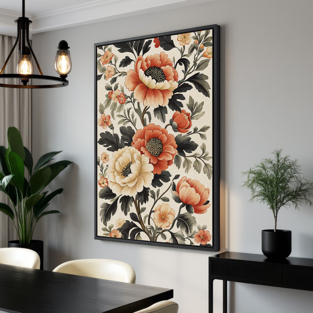 Framed Wall Art featuring a floral design in a vintage style. Warm color palette of orange, cream, and black. Perfect for adding elegance to your home decor.