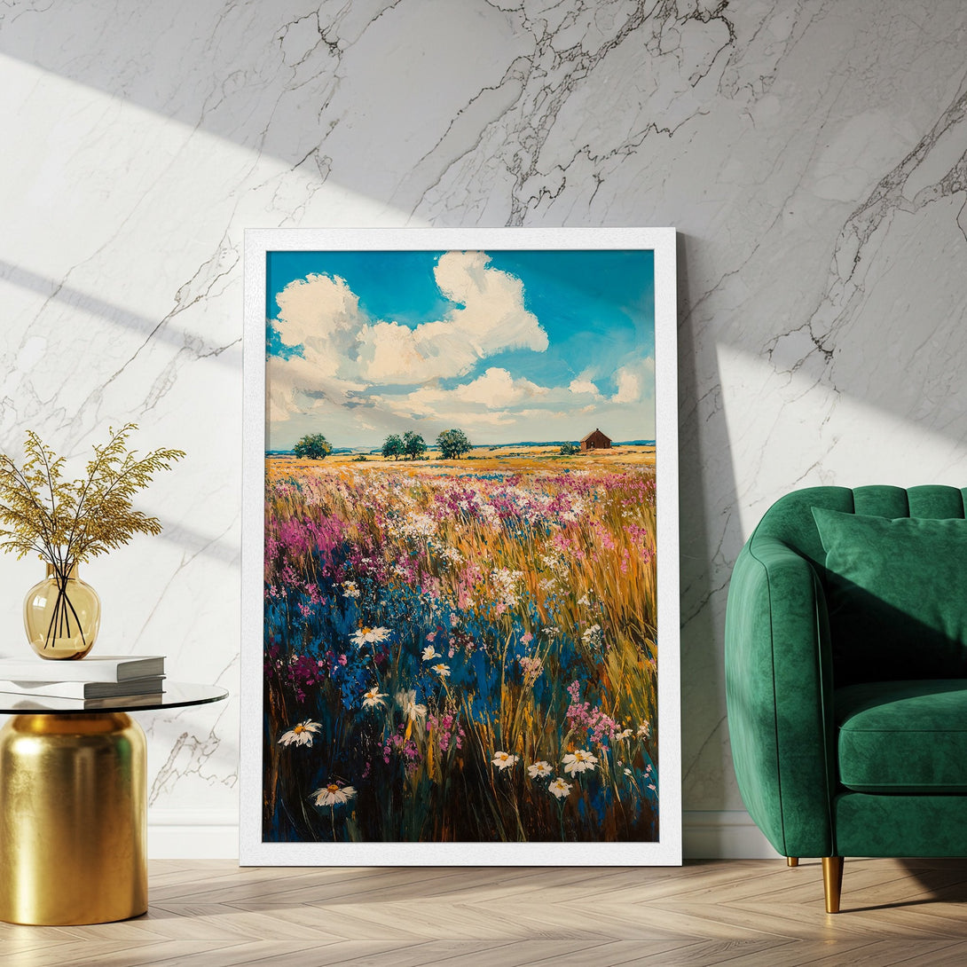 Framed Poster of a vibrant wildflower field painting. Impressionistic style with a colorful palette of blues, pinks, yellows, and greens. Perfect wall art!