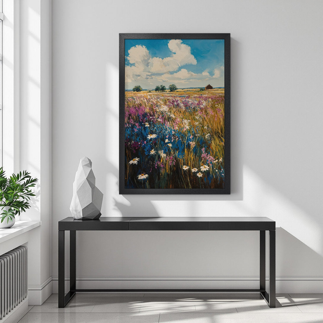 Framed Poster of a vibrant field landscape painting. Impressionistic style, featuring blue, purple, and yellow hues. Perfect wall art.