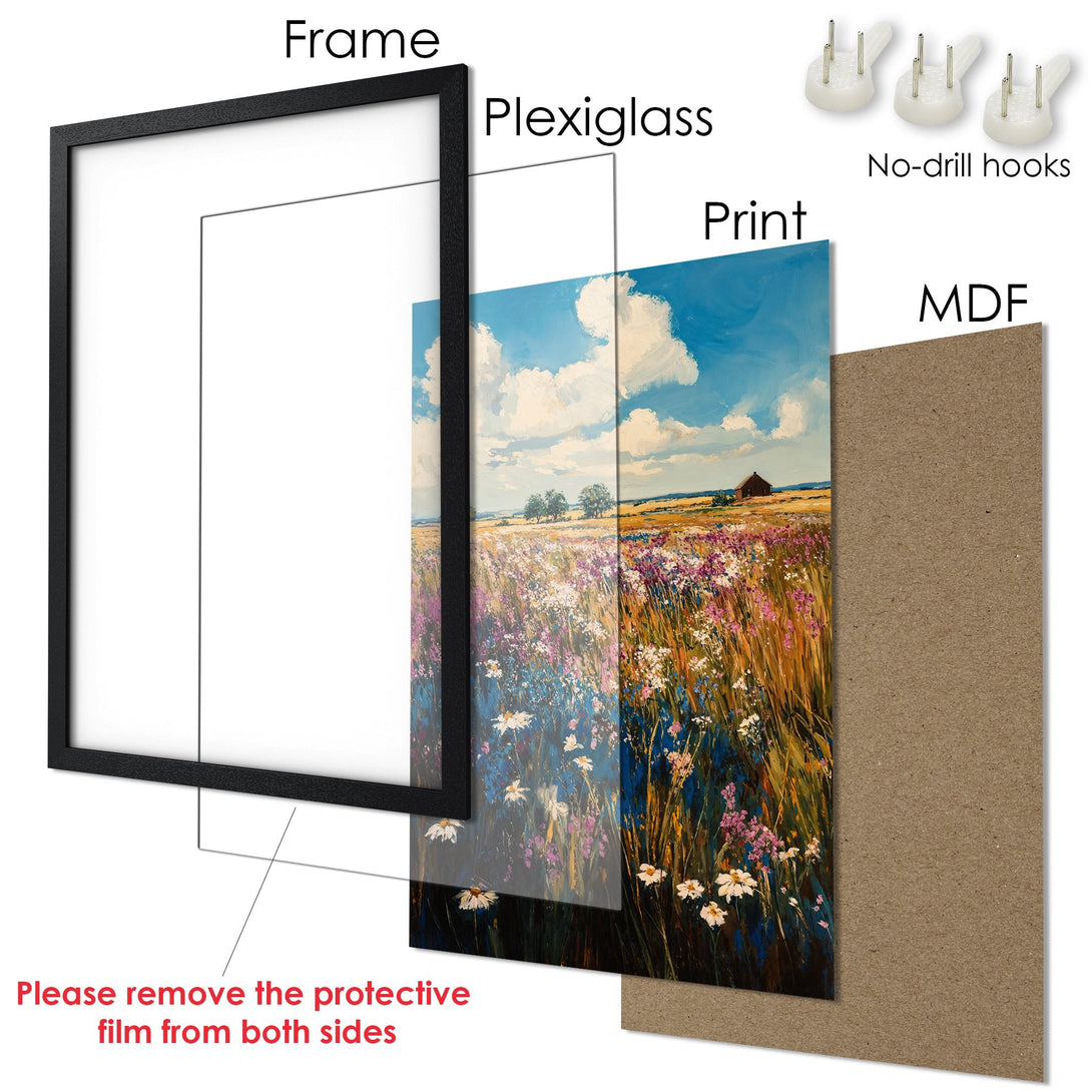 Framed Poster of a vibrant field landscape painting. Features a black frame, blue, yellow, and pink color palette. Ready to hang!