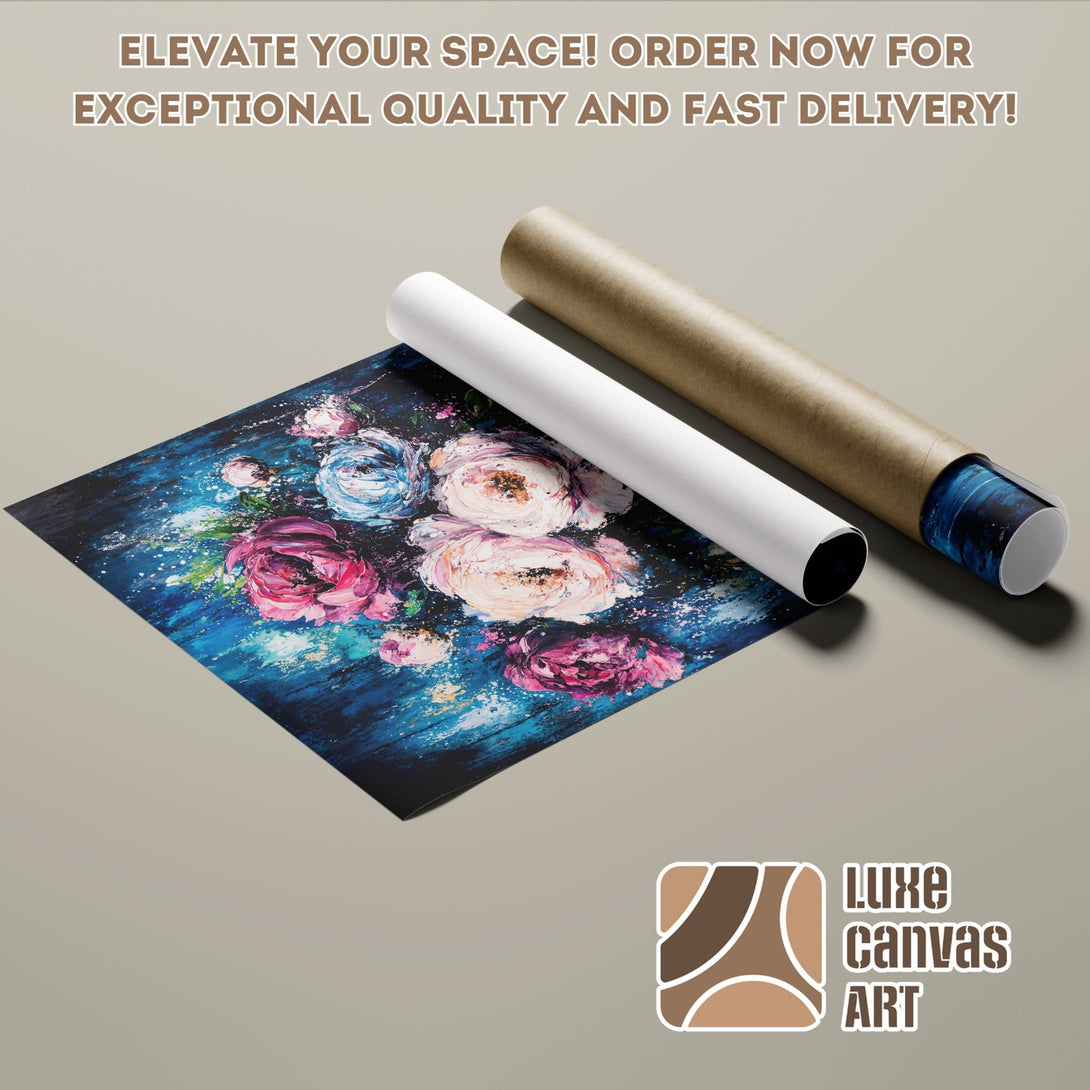 Poster Roll featuring a floral painting in a vibrant blue, pink, and white color palette. Elevate your space with art!