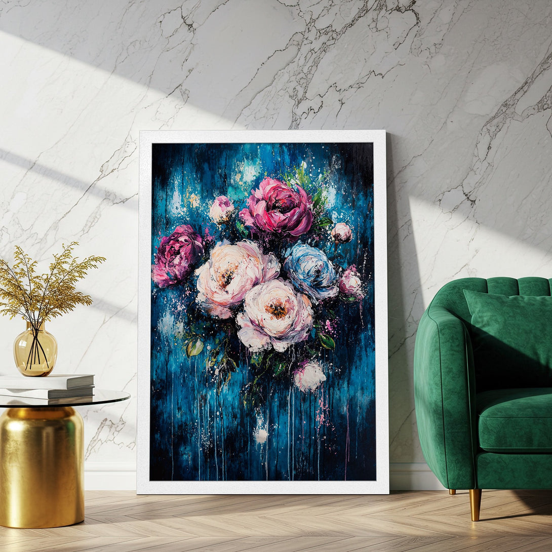 Framed Poster featuring a vibrant floral bouquet in an abstract style with a blue, pink, and white color palette. Perfect wall decor.