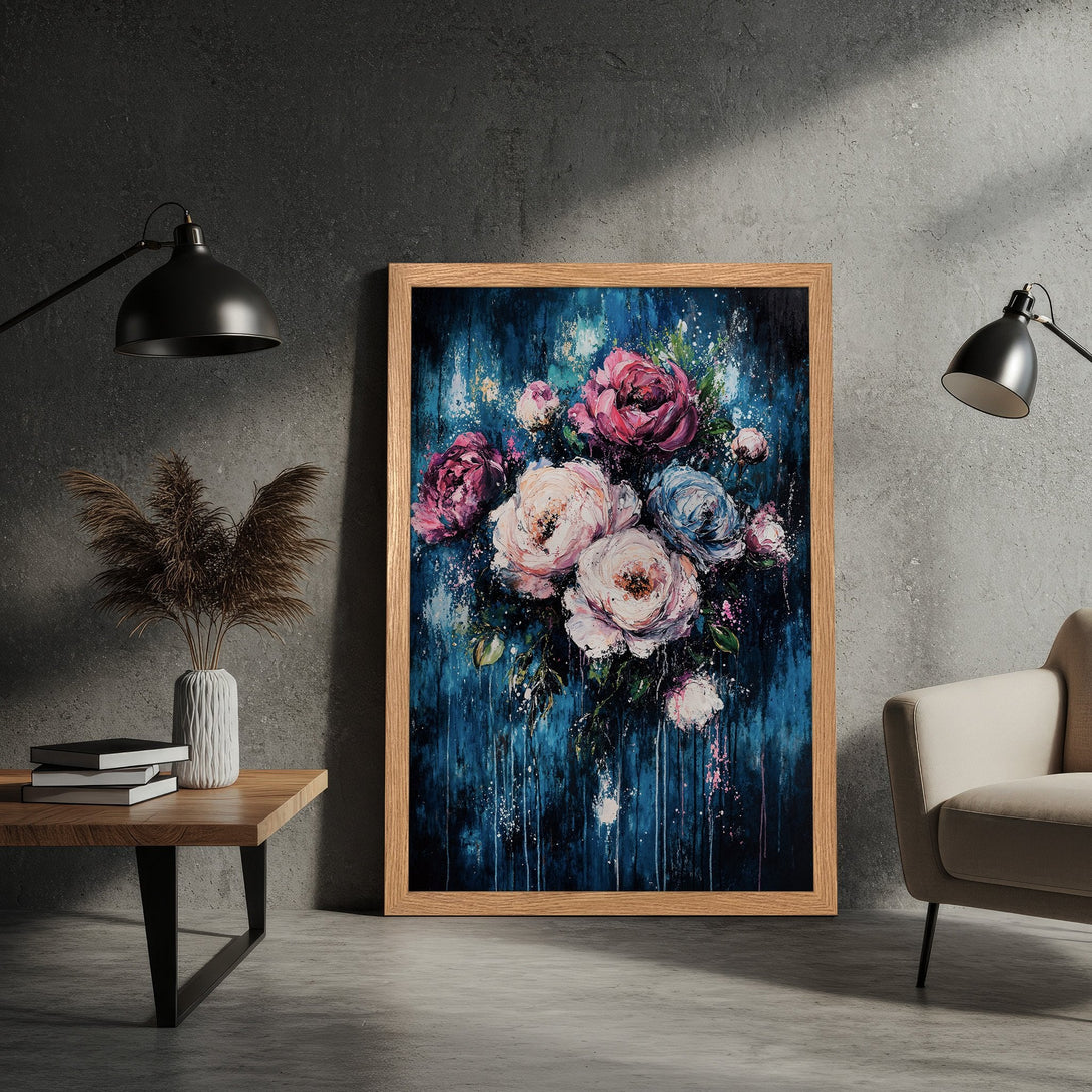 Framed Poster featuring a floral painting in impressionistic style with a blue, pink, and white color palette. Perfect wall art!