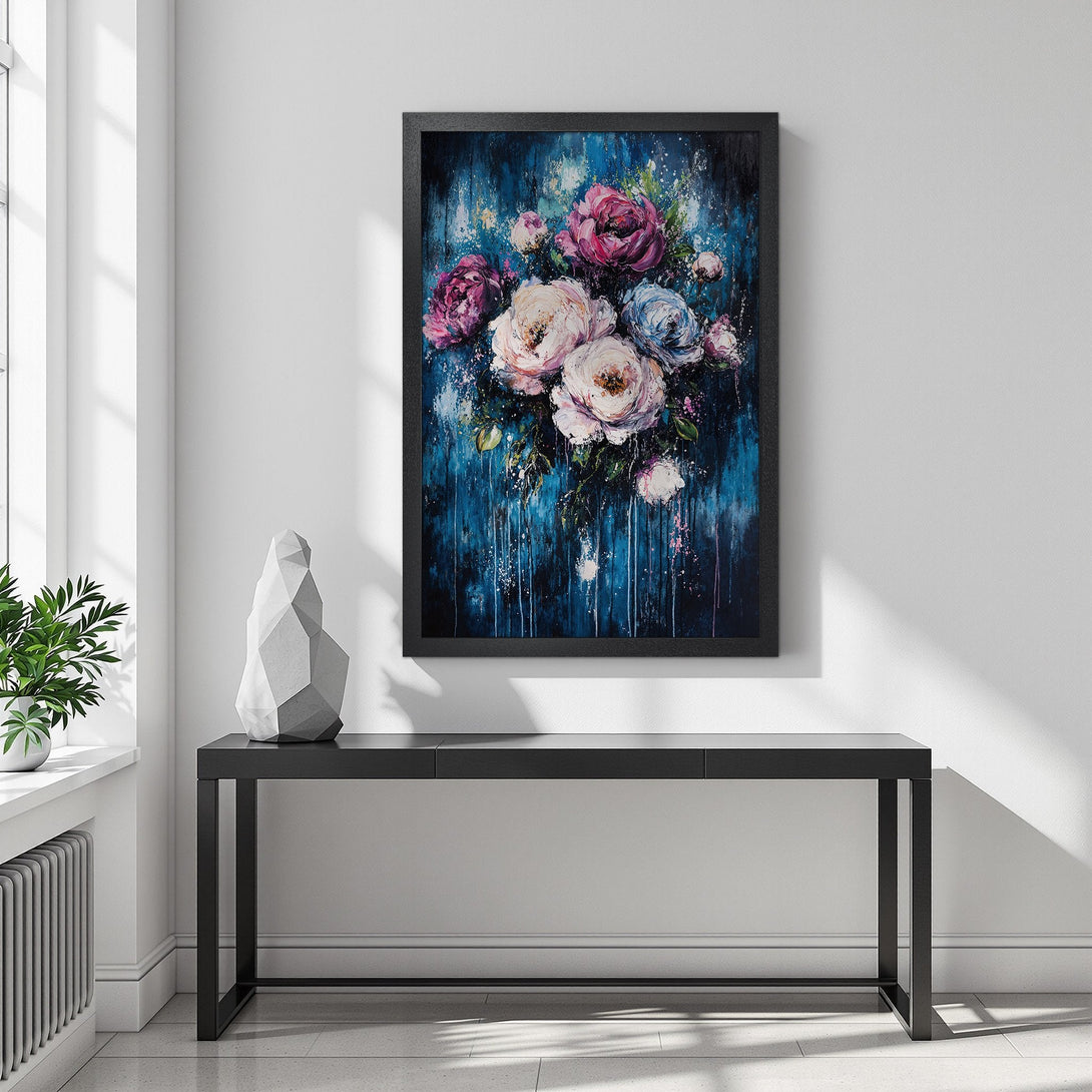 Framed Poster featuring vibrant floral art with a blue and pink color palette. Perfect for adding a touch of elegance to your home.