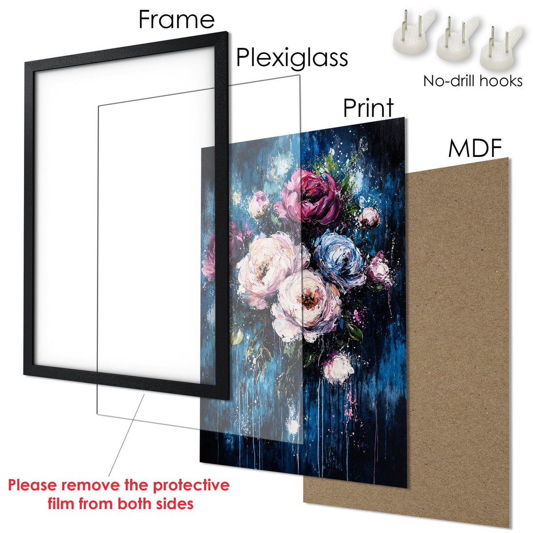 Framed Poster featuring a floral painting in a modern style with a blue and pink color palette. Perfect wall art for any room!