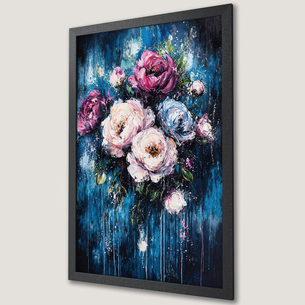 Framed Poster of vibrant floral artwork in a painterly style with a blue and pink color palette. Add art to your walls!
