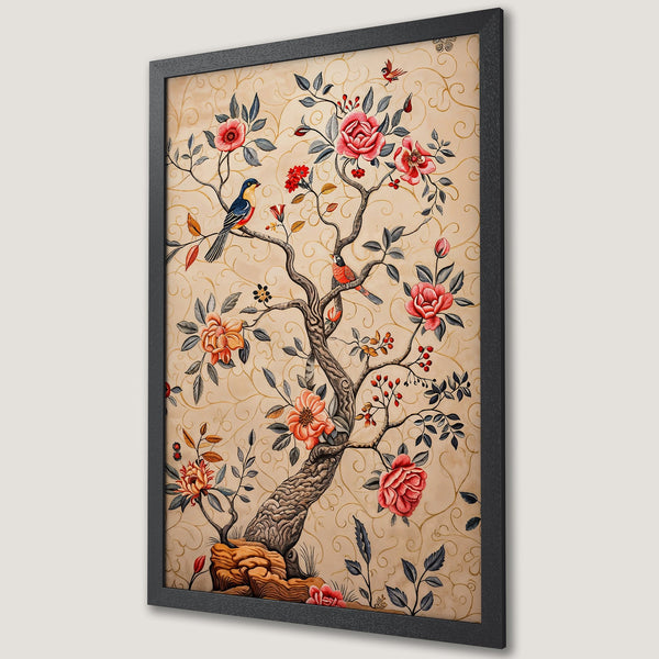 Framed Poster featuring a floral tree with birds, in a vintage style. Warm earth-tone color palette with pops of red and blue.