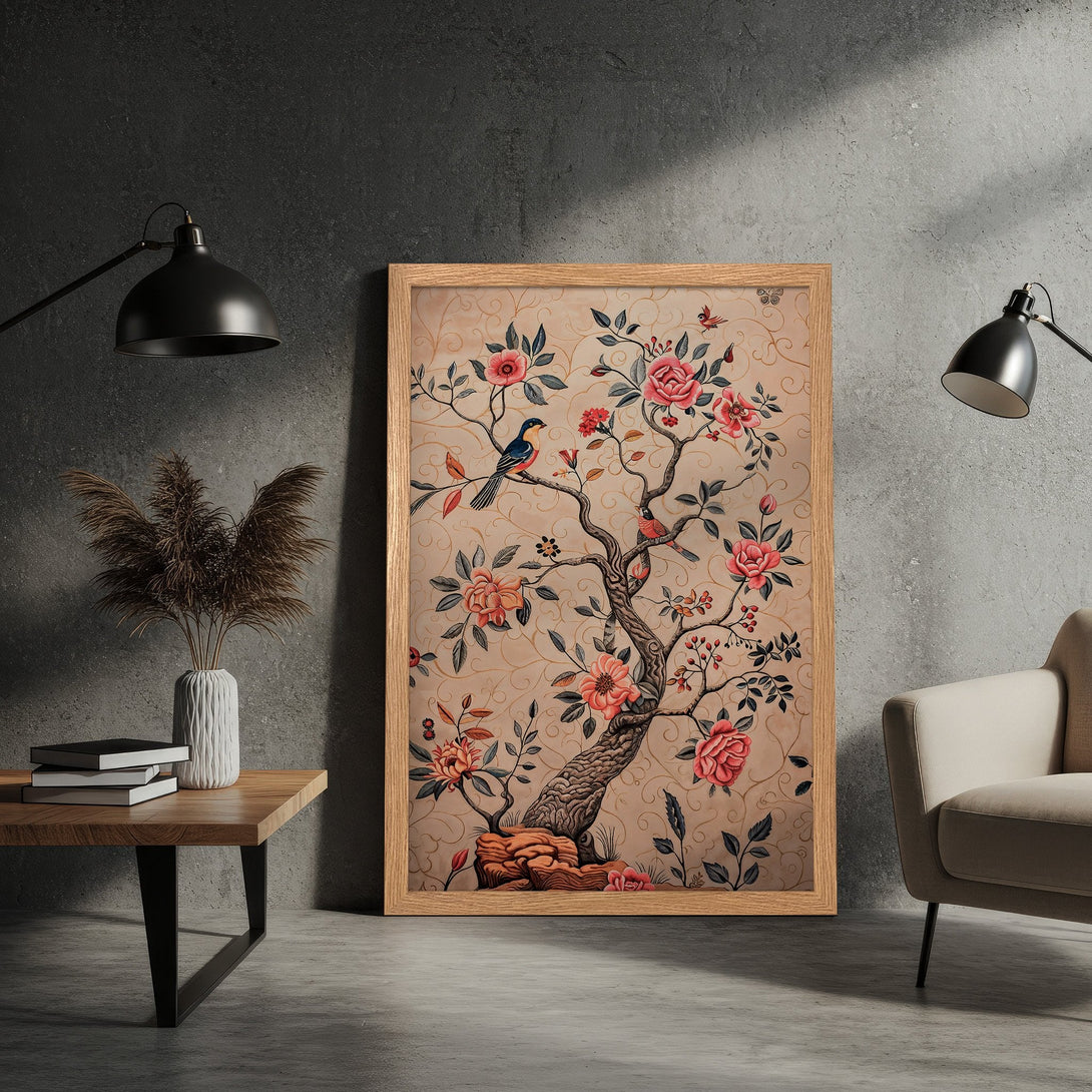 Framed Poster featuring a floral tree design in vintage style, with a warm, earthy color palette. Perfect for home decor!