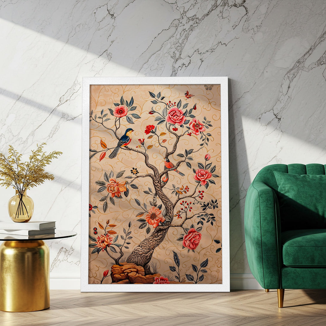 Framed Poster featuring a floral tree design in a vintage style with a warm color palette. Perfect wall art for any room!