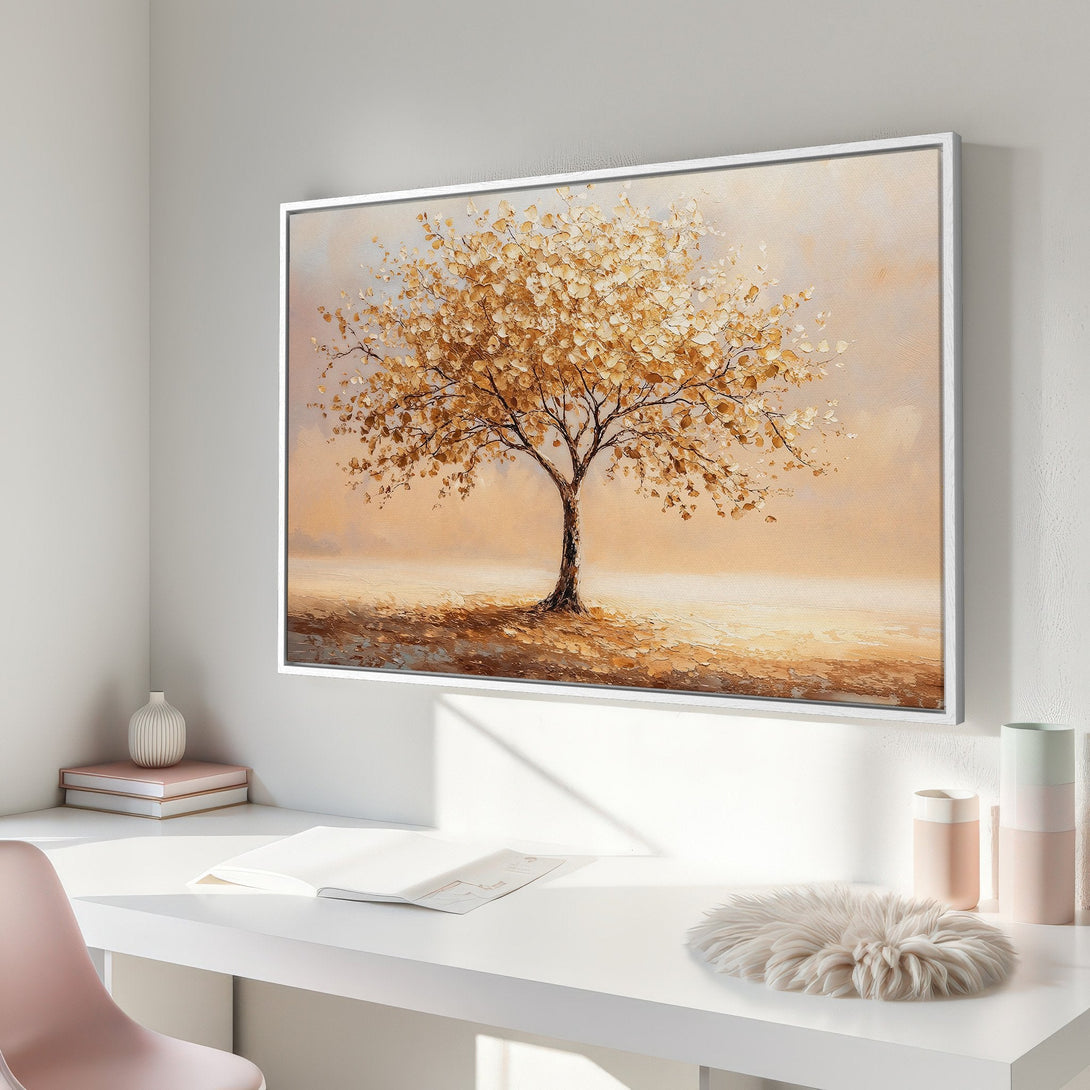 Framed Wall Art: Golden tree painting in warm, earthy tones. Perfect for adding a touch of nature and elegance to your home decor. Shop now!