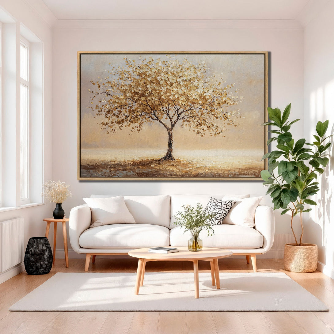 Framed Wall Art: Stunning tree painting in warm gold and neutral tones. Perfect for adding a touch of nature and elegance to your living room decor.