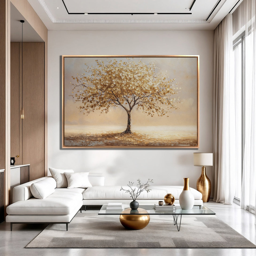 Framed Wall Art: Golden tree painting in a modern living room. Warm neutral color palette. Perfect for adding elegance to your space.
