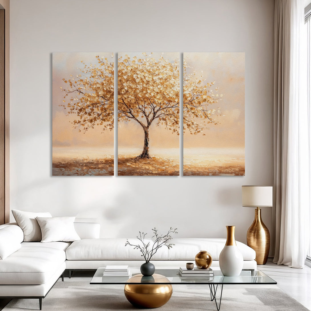 Canvas Print of an abstract tree in warm gold and beige tones, perfect for modern living room decor.