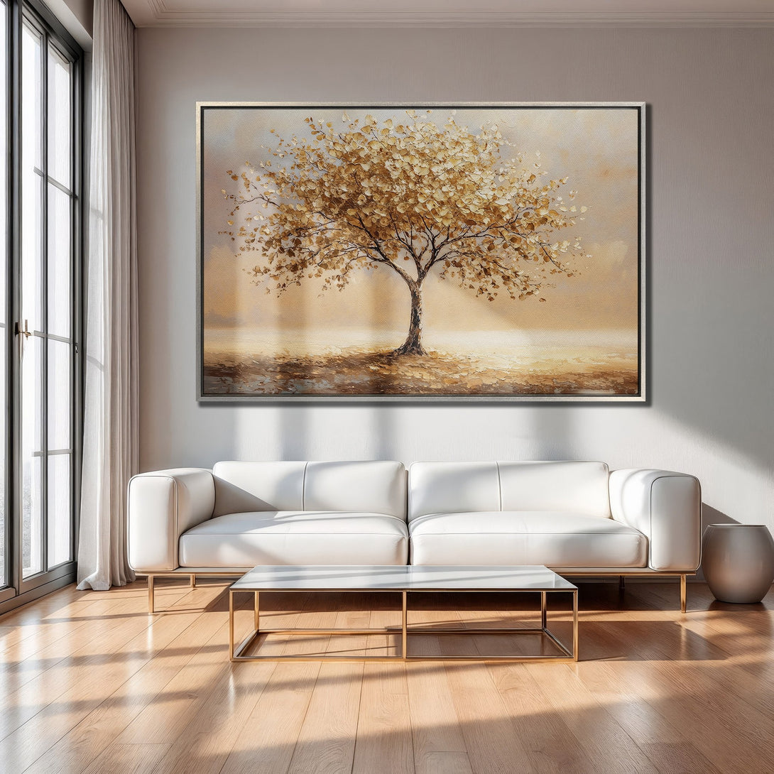 Framed Wall Art: Abstract tree painting in warm gold and beige tones. Perfect for modern living rooms. Enhance your space with this beautiful canvas print.